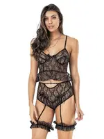 Dantel Yüksek Bel Askılı Kadın Fantazi Büstiyer Takım Moongirl ST-435 Siyah görsel 4