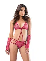 Dantel Eldivenli Fantazi Kadın Body Moongirl MNL3055 Vişne detay görünüm