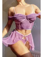 Sırtı Çapraz Bağlamalı Tül Etekli Fantazi Büstiyer Takım NightLight 1064-1 Mor görsel 5