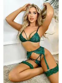 NightLight Dantelli Yeşil Erotik Sütyen Jartiyer Takım NightLight 3407