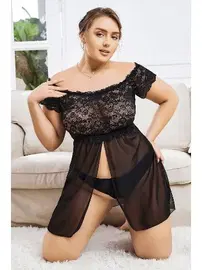 NightLight Büyük Beden Dantelli Tül Erotik Gecelik Takım NightLight 3475