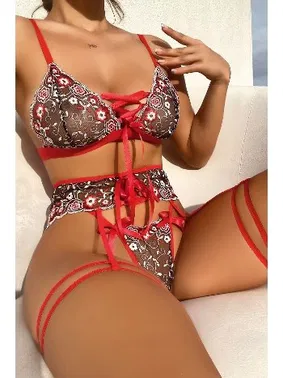 NightLight Çiçek Desenli Fiyonklu Sütyen Külot Takım Nightlight 3449