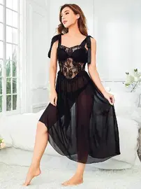 NightLight Dantelli Omuzdan Bağlamalı Fantazi Uzun Gecelik Nightlight 3495