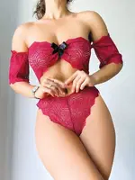 Fiyonklu Kırmızı Dantel Fantazi Sütyen Külot Takım Nightlight 1062 Bordo farklı açı