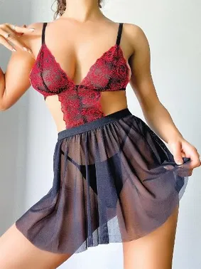 NightLight Kırmızı Dantelli Fantazi Tül Mini Gecelik Nightlight 1061