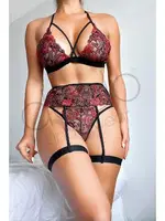 Nightlight Kırmızı Gül Desenli Fantazi Sütyen Külot Takım 3573 Siyah