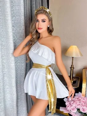 NightLight Kuşaklı Taçlı Tek Omuz Fantazi Mini Gecelik Nightlight 3595