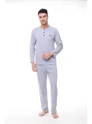 Pijadore Düğmeli Yaka Büyük Beden Uzun Kollu Erkek Pijama Takım Pijadore 1412