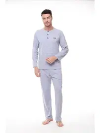 Pijadore Düğmeli Yaka Büyük Beden Uzun Kollu Erkek Pijama Takım Pijadore 1412