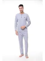 Düğmeli Yaka Büyük Beden Uzun Kollu Erkek Pijama Takım Pijadore 1412 Gri