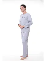 Düğmeli Yaka Büyük Beden Uzun Kollu Erkek Pijama Takım Pijadore 1412 Gri detay görünüm
