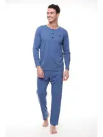 Düğmeli Yaka Büyük Beden Uzun Kollu Erkek Pijama Takım Pijadore 1412 Mavi görsel 4