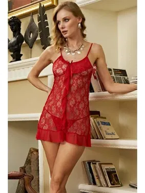 İzabel Seksi Kırmızı Transparan Kısa Gecelik Takımı İzabel 1035