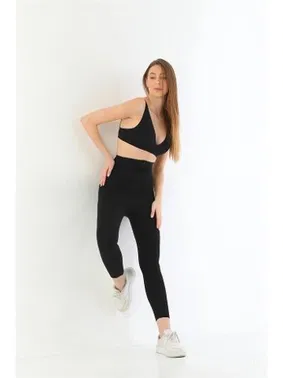 Emay Lazer Kesim Fermuarlı Uzun Siyah Kadın Tayt MI 2711