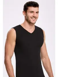 İlke Siyah %100 Pamuk V Yaka Kolsuz Badi İlke 1009