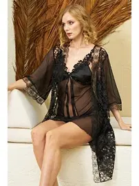 İzabel Siyah Sabahlık Fantezi Gecelik Takım 3lü İzabel 3002