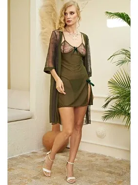 İzabel Transparan Sabahlıklı Haki 3lü Fantezi Gecelik Takım İzabel 3014