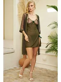 İzabel Transparan Sabahlıklı Haki 3lü Fantezi Gecelik Takım İzabel 3014