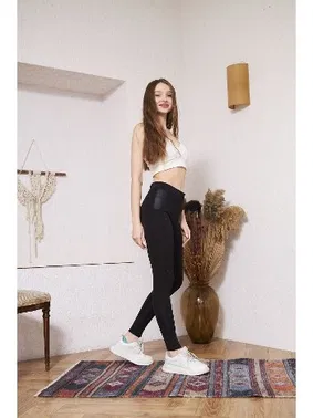 Vogsing Deri Parçalı Dalgıç Kumaş Kadın Tayt İN241