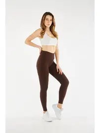 Vogsing Fitilli Dalgıç Kumaş Yüksek Bel Kahverengi Kadın Tayt Vogsing 374