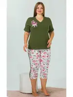 Yeşil V Yaka Büyük Beden Kapri Pijama Takımı Lady 10644 detay görünüm