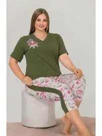 Lady Yeşil V Yaka Büyük Beden Kapri Pijama Takımı Lady 10644