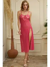 İzabel Yırtmaçlı Tül Dantel Gecelik Pembe Uzun Gecelik İzabel 2017