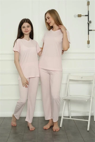 Anne Kız Pembe V Yaka Aile Penye Pijama Takım Akbeniz 50107