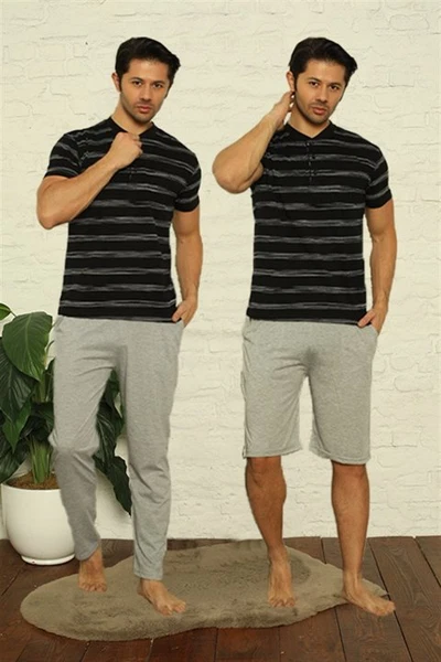 Yakası Düğmeli Erkek 3Lü Pijama Takım Akbeniz 6823