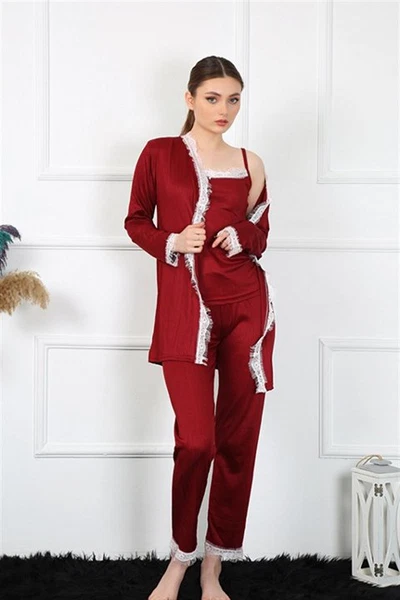 3Lü Bordo Kadın Pijama Sabahlık Takım Akbeniz 16108