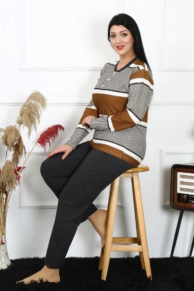 Düğmeli Kadın Büyük Beden Penye Uzun Kollu Pijama Takım Akbeniz 202214