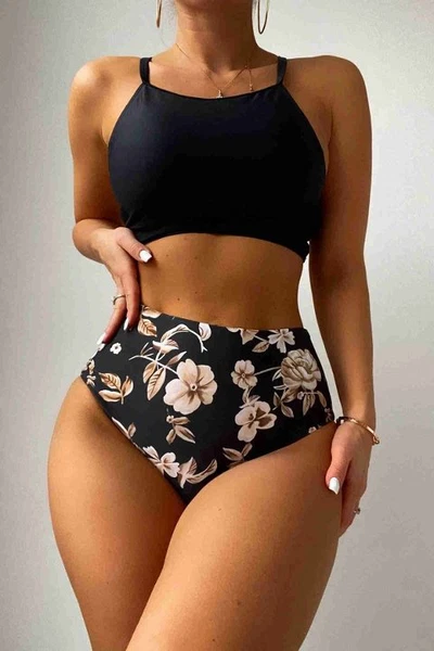 Baskılı Yüksek Beli Tankini Bikini Takım Siyah Angelsin 4323