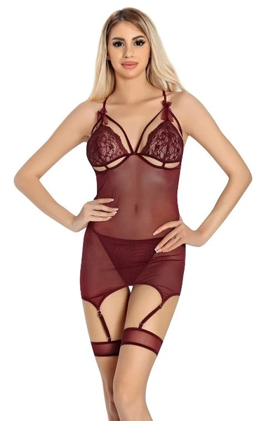 Bordo Bralet Kadın Jartiyer Gecelik Takımı Lily Bianca 876