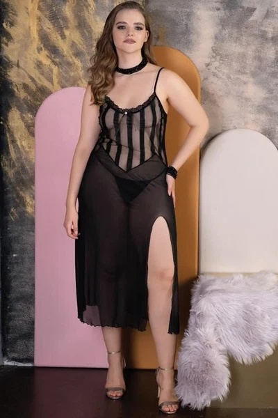 Büyük Beden Siyah Uzun Fantezi Gecelik İzabel 5007