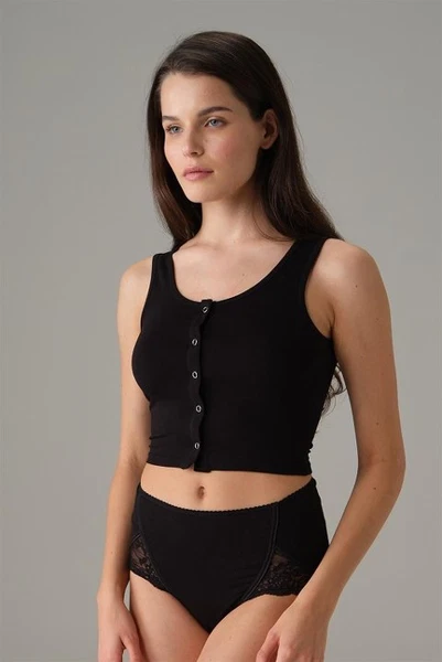 Geniş Askılı Kadın Siyah Çıtçıtlı Crop Atlet Doreanse 9404