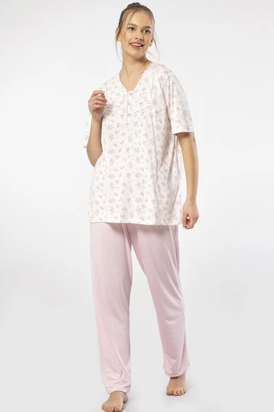 Yakası Düğmeli Kısa Kollu Empirme Battal Beden Kadın Pijama Takımı Türen 3369