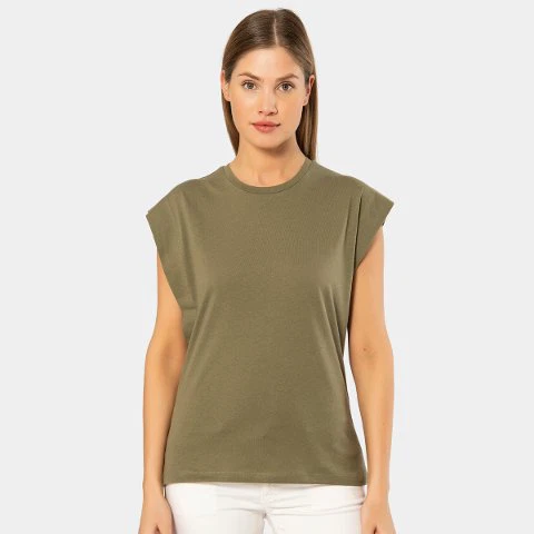 Yeşil Vatka Görünümlü Kısa Kollu Kadın T-shirt Türen 3401