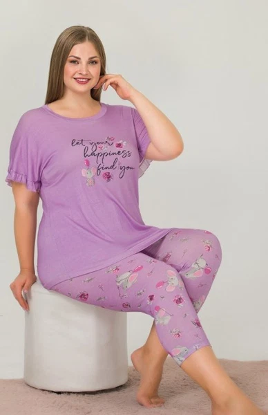 Lila Kısa Kollu Büyük Beden Kapri Pijama Takımı Lady 10643