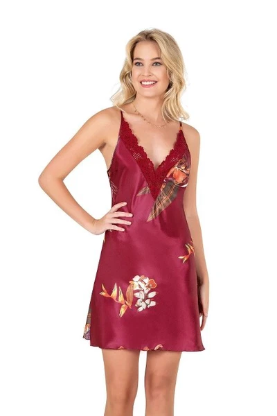 Bordo Çiçek Desenli Empirme Saten Gecelik Moongirl 336