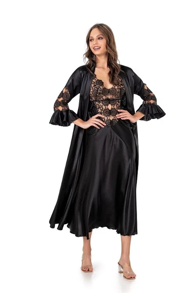 Kolları Volanlı Saten Uzun Siyah Sabahlık Gecelik Takım Moongirl 502