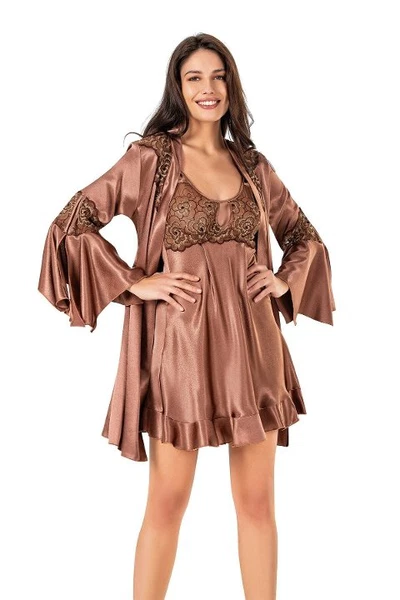 Saten Güpürlü Fırfırlı Kısa Kadın Gecelik Sabahlık Takım Moongirl 518