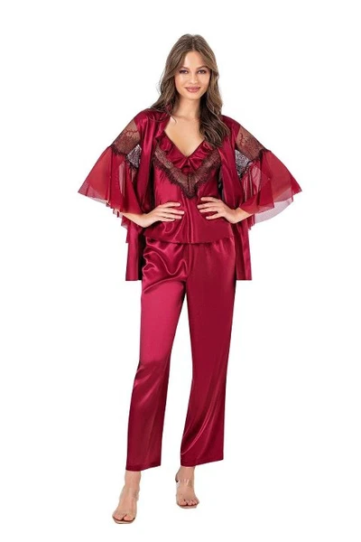 Kolları Volanlı Tüllü Saten 3Lü Kadın Pijama Takım Moongirl 605