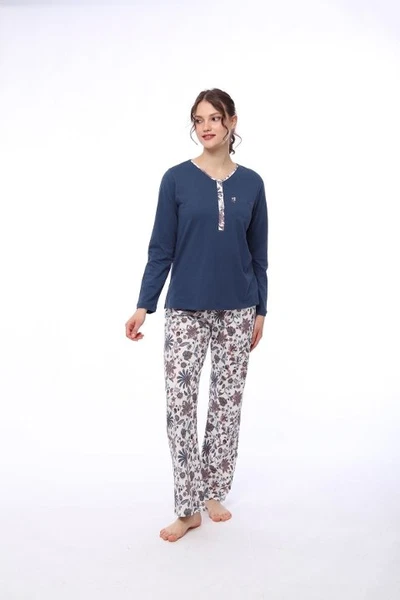 Uzun Kollu Yuvarlak Yaka Düğmeli Kadın Pijama Takım Pijadore 1431