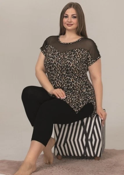 Siyah Tüllü Kapri Kadın Büyük Beden Pijama Takımı Lady 10620