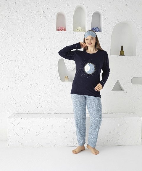 Uzun Kollu Yuvarlak Yaka Büyük Beden Kadın Pijama Takım Tekten 1830
