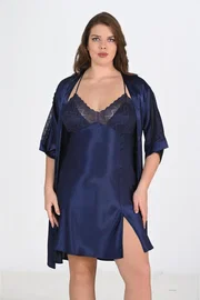 Ahu Lingerie 2li Büyük Beden Lacivert Sabahlık Takımı Bigsize Ahu 6215