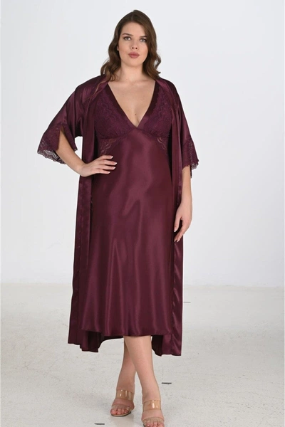 2li BÜyük Beden Mürdüm Gecelik Sabahlık Takımı Bigsize Ahu Lingerie 6223