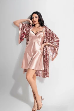 Ahu Lingerie 2Li Kısa Sabahlık Gecelik Takımı Desenli Ahu Loriva 1906