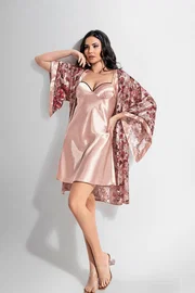 Ahu Lingerie 2Li Kısa Sabahlık Gecelik Takımı Desenli Ahu Loriva 1906