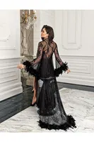 2li Kolları Tüylü Dantelli Fantezi Saten Gecelik Takımı İmaj 3203 Siyah